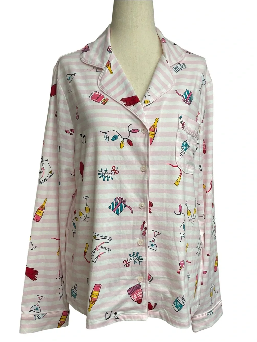 Kate Spade Holiday Cheer Pink Striped Button Front Pajama Top Size Medium NWT
